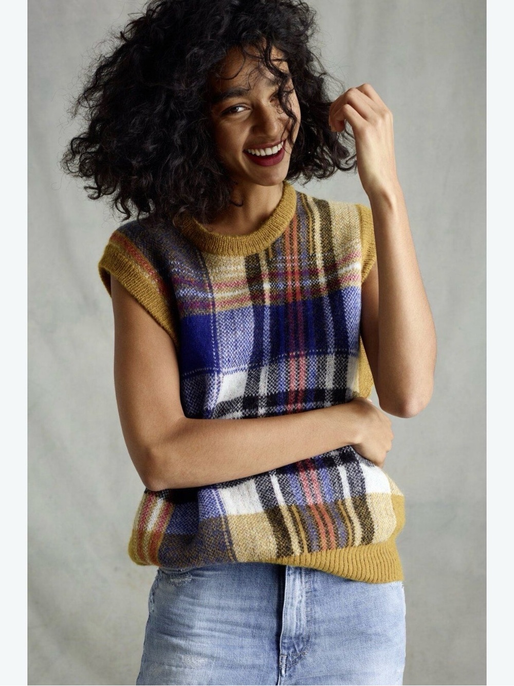 Maeve Plaid Cap-Sleeve Sweater Vest in Blue, Mustard & White